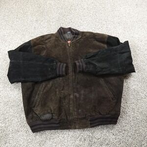 VTG Phase 2 Jacket Mens XL Brown Black Suede Leather Varsity Zip Bomber Coat Dad